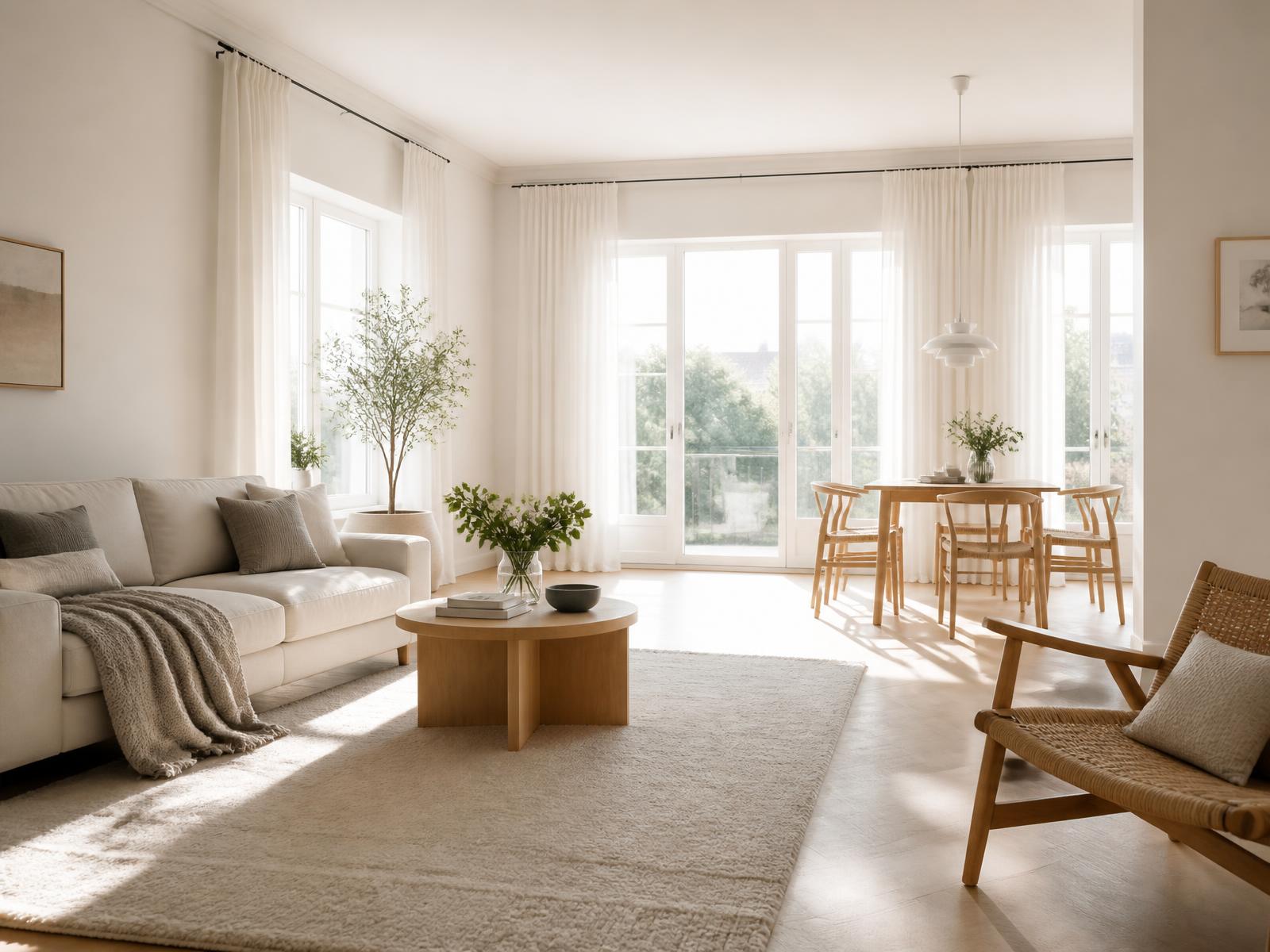 Store rene vinduer i et lyst nordisk hjem